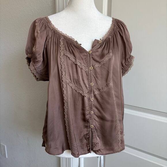 By Anthropologie Short Sleeve Silky Peasant Top M Coquette Prairie Cottage-core - Picture 2 of 13